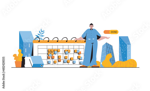 Business planning web concept with people in flat cartoon design. Man making schedule with work tasks and deadlines for organisation. Vector illustration for social media banner, marketing material.