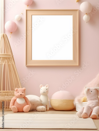 A mockup blank empty poster frame in children room background, vertical photo