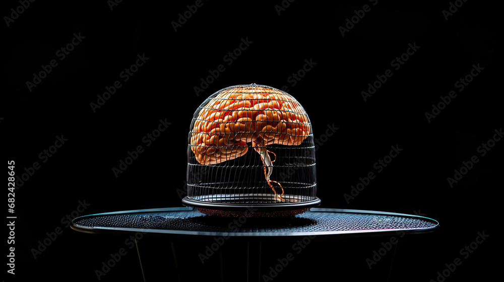 Brain locked in a cage for feeling trapped illustration - obrazy, fototapety, plakaty 