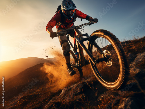 A rider tearing through mountain trails on a mountain bike, dirt flying, extreme sports, adventure