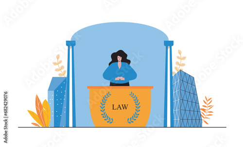 Law and legal service web concept with people in flat cartoon design. Woman working as lawyer or notary, conducts private practice. Vector illustration for social media banner, marketing material.