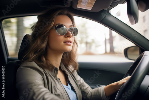 Beautiful young woman in glasses driving a car © MariiaDemchenko