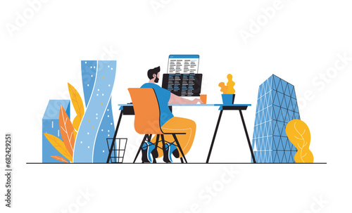 Programmer workplace web concept with people in flat cartoon design. Man working with code, doing software, creating apps at office. Vector illustration for social media banner, marketing material.