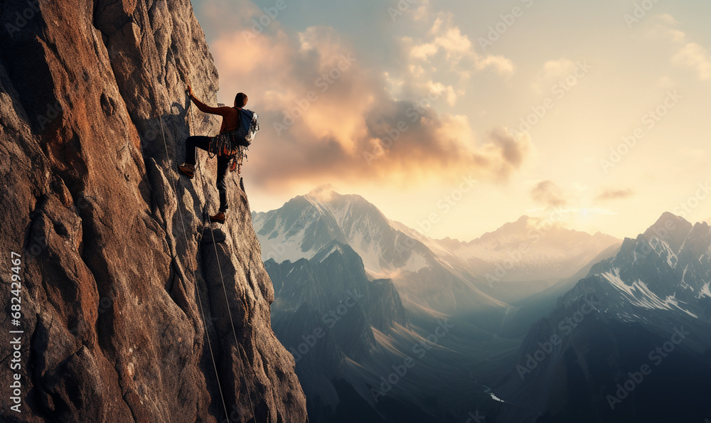 A man taking on the challenge of rock climbing, extreme sport A man taking on the challenge of rock climbing, extreme sport