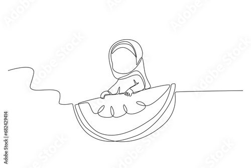 A girl holds a watermelon, a symbol of Palestine. Palestine solidarity one-line drawing