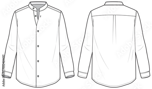 Men's long sleeves band collar formal shirt flat sketch illustration front and back view, Mandarin collar Woven shirt for formal wear and casual wear fashion illustration template mock up