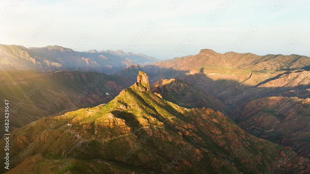 Aerial drone view of the roque nublo. volcanic landscape of Gran Canaria