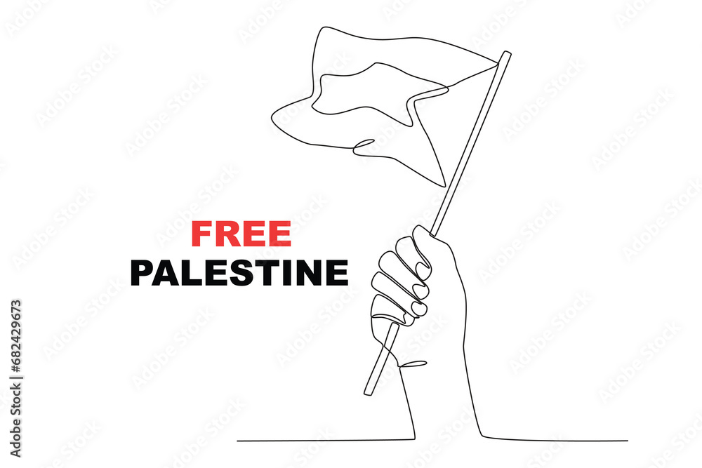 A hand holding a small Palestinian flag. Palestine solidarity one-line drawing A hand holding a small Palestinian flag. Palestine solidarity one-line drawing