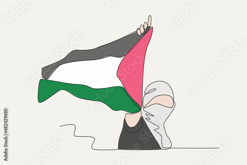 Color illustration of a woman defending Palestine. Palestine solidarity one-line drawing