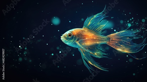 A goldfish swimming in the dark water. Celestial fantasy fish. photo