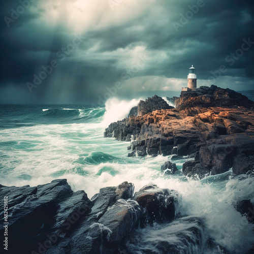 ocean extreme storm cliffs and lighthouse