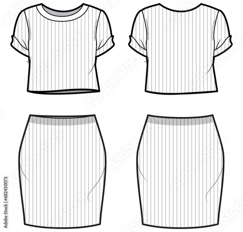 Women's knitted Crew neck Crop top T Shirt with knitted skirt flat sketch fashion illustration drawing mock up with front and back view, Matching knitted blouse top and tight skirt vector template