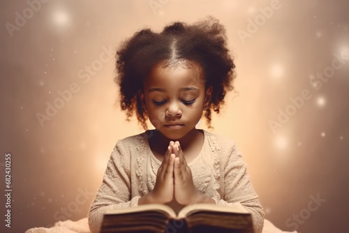 Little black girl on knees holding hands and praying in the morning, pastel neutral background. Christianity, faith, spirituality, religion, salvation, peace, faith concept. Kid praying to God photo