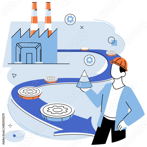 Manufacturer model. Vector illustration. Technology plays vital role in implementation efficient manufacturing processes The company constantly seeks ways to improve its products and services
