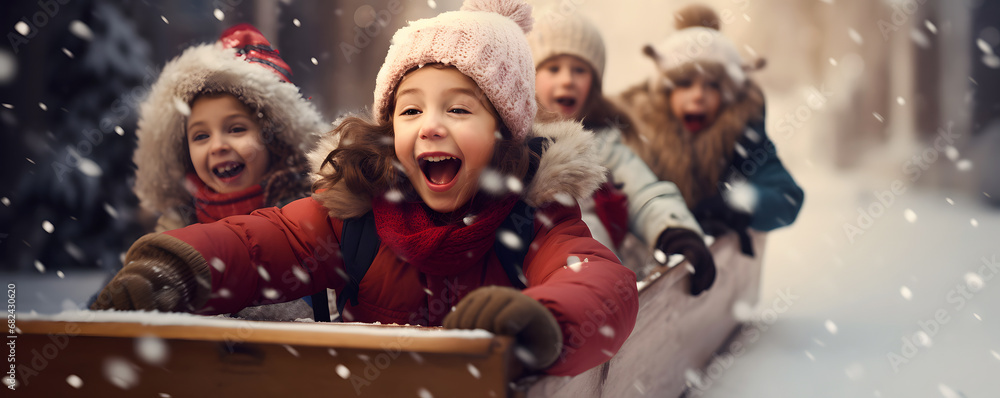 Group of happy laughing children sledding in winter season together in urban park outdoor Group of happy laughing children sledding in winter season together in urban park outdoor