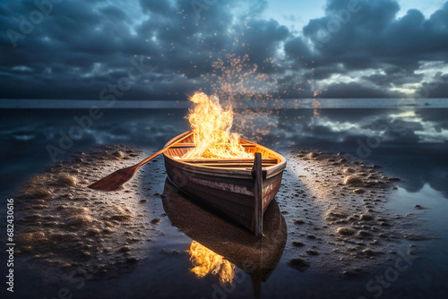 a small rowing boat on fire