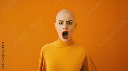Surprised young woman with orange eyes looking at camera isolated over yellow background. concept of human emotions, facial expression, sales.