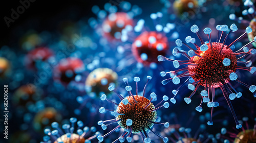 Influenza virus, abstract microbes, bacteria, microorganism cells, pathogen, blue background. Medicine, healthcare photo