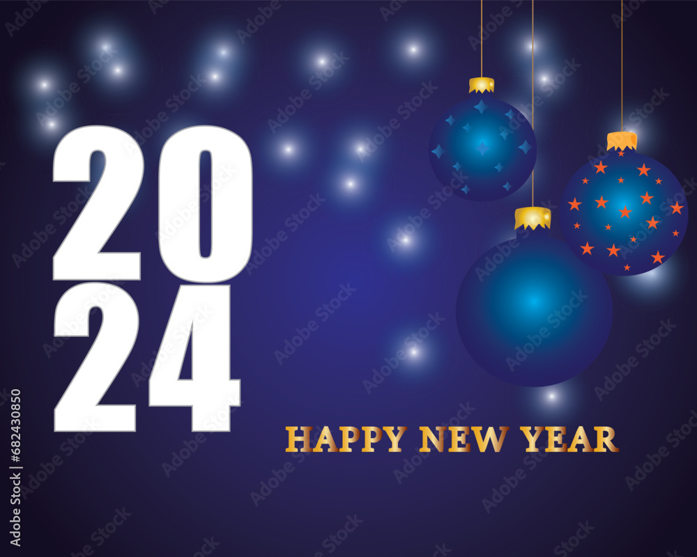 happy new year 2024 with classic and elegant coloring. with blue 3d ball and dark blue lighting Template with Christmas decoration, flayer, poster, banner. happy new year 2024 with classic and elegant coloring. with blue 3d ball and dark blue lighting Template with Christmas decoration, flayer, poster, banner.