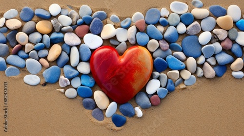 Heart-shaped pebbles arranged on a sandy beach.