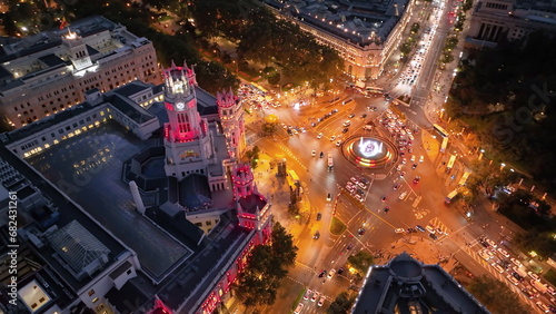 Aerial view of CentroCentro with red-lit tower in Madrid at night. center of the capital of Spain in night illumination.