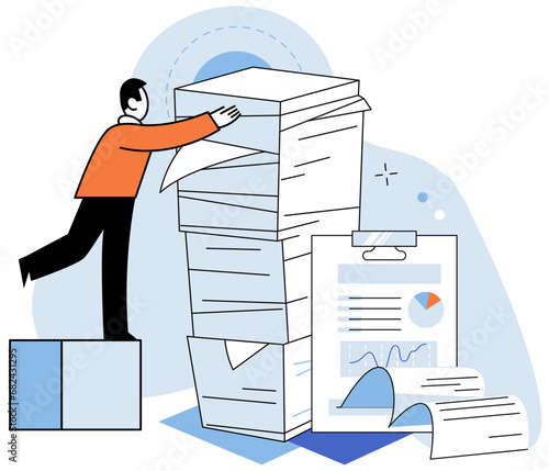 Paperwork. Vector illustration. A comprehensive financial report needs to be compiled for company The desk is mess papers, files, and documents A sheet needs to be reviewed and updated