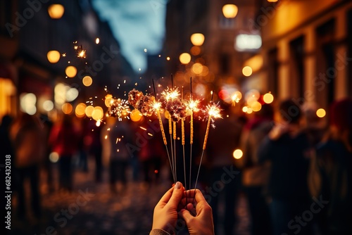 women celebrating happy new year eve with sparkler and bengal light in hand 