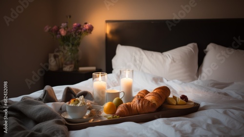 Tray with breakfast food on the bed inside a bedroom in morning light. Coffee  tea  fresh juice and croissants with berries and fruits.