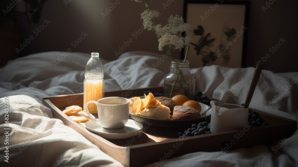 Tray with breakfast food on the bed inside a bedroom in morning light. Coffee, tea, fresh juice and croissants with berries and fruits.