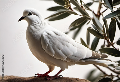 white dove standing on olive tree branch in minimal style representing peace