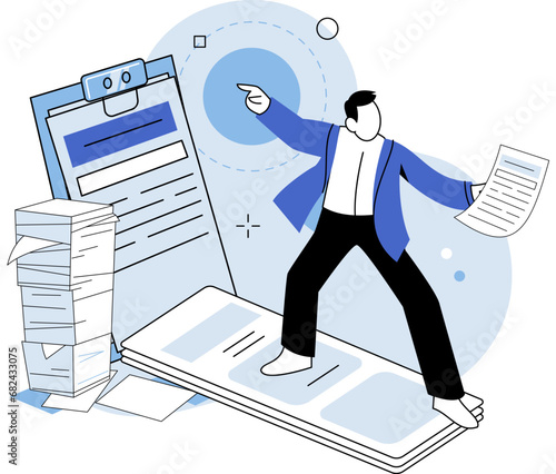 Paperwork. Vector illustration. Juggling multiple tasks, including paperwork, is common occurrence The paperwork overload chinder productivity and efficiency The workload seems never-ending