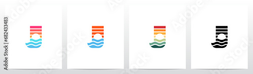 Sunset Sunrise On Sea Water Letter Logo Design J