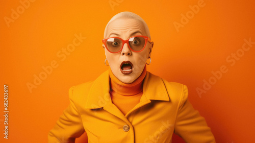Surprised senior woman with orange jacket.