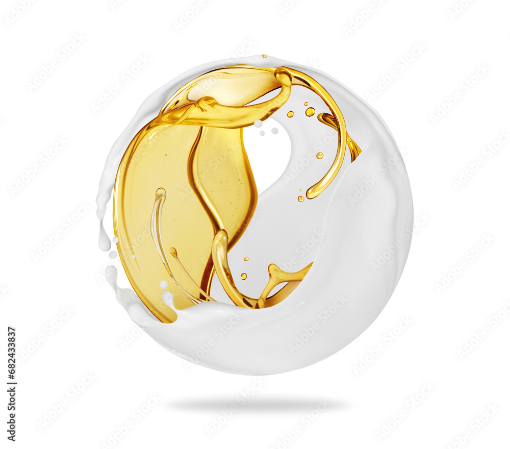 Oil and milk splashes in spherical shape isolated on white background Oil and milk splashes in spherical shape isolated on white background