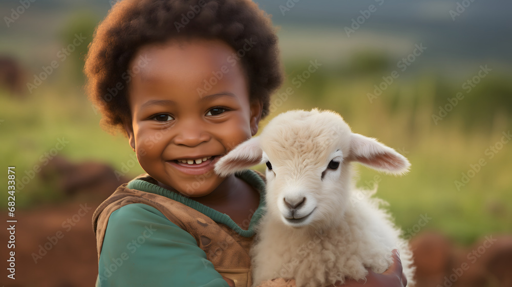 Happy Child with a Lamb in Nature Friendship and Care Concept Happy Child with a Lamb in Nature Friendship and Care Concept