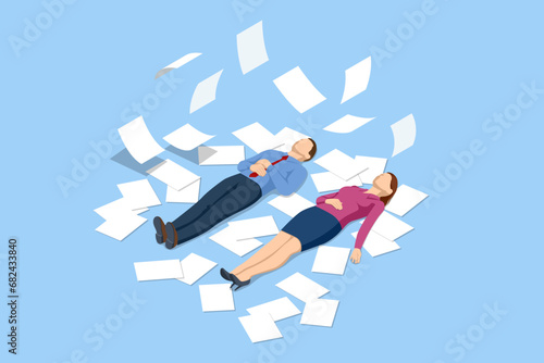 Isometric businessman lying down beside low battery indicator. Unhappy tired office worker manager man character lying on floor