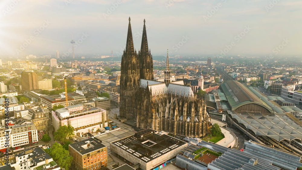 4k Aerial view of cityscape of Cologne, Germany, Europe. Cathedral Church