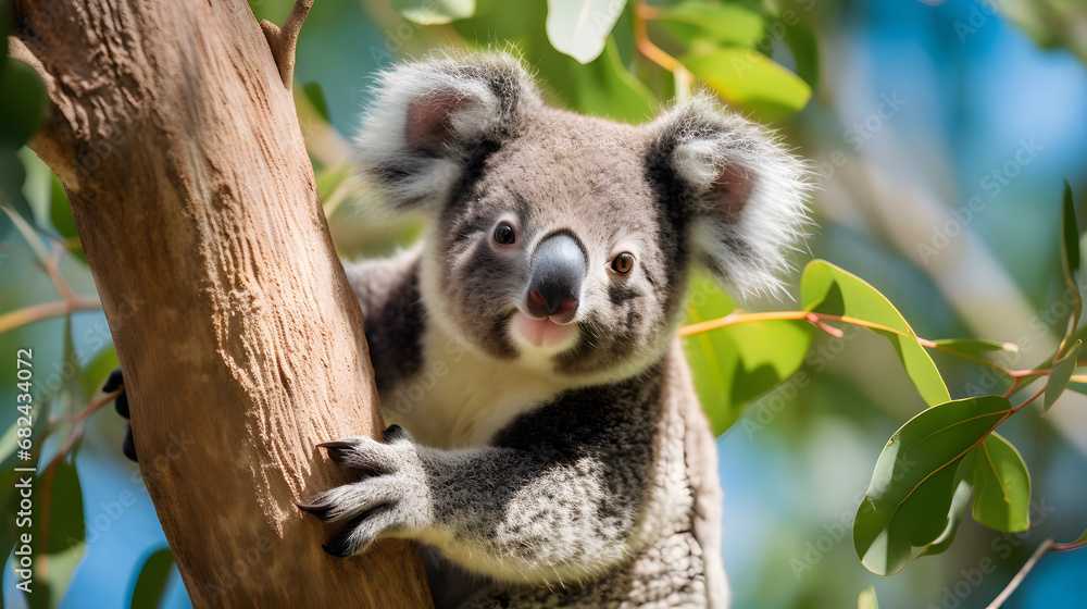Obraz premium Curious Koala Peeking from Eucalyptus Tree in Natural Habitat