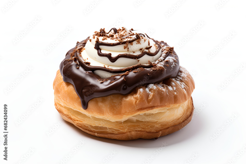 Tasty donut decorated with chocolate glaze and cream isolated on white background 