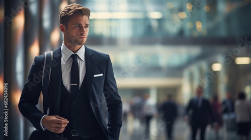 An elegant businessman in a tailored suit  confidently walking through a corporate lobby.