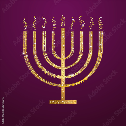 Golden candle. Religious symbol. Glittering shiny design. Happy Hanukkah social media poster.  Menora template. Creative graphic. Jewish traditional holiday element. Isolated icon. Purple background.