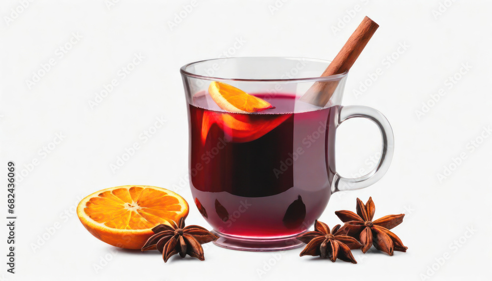 Hot mulled wine in a glass with spices and orange isolated on white with copy space Hot mulled wine in a glass with spices and orange isolated on white with copy space