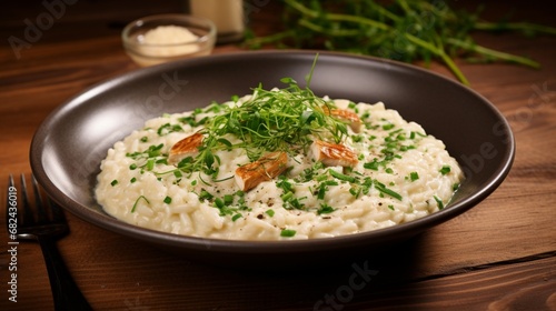 an image of a dish of creamy risotto with parmesan cheese and fresh herbs