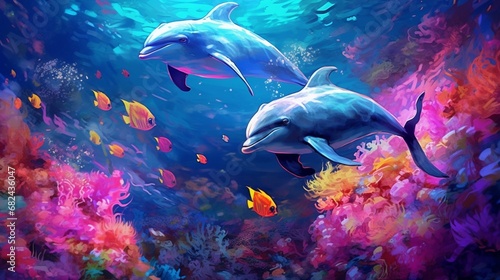 a painting of two dolphins swimming over a coral reef.Generative AI