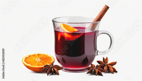 Hot mulled wine in a glass with spices and orange isolated on white with copy space