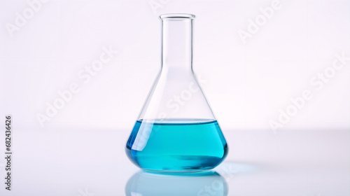 Glass bottle with blue liquid on white background, suitable for scientific experiments. Generative AI