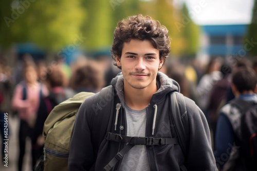 A young refugee from South America with a backpack on his shoulder standing in front of the entrance to the European training center