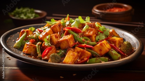 an image of a fiery plate of spicy Hunan tofu with mixed vegetables