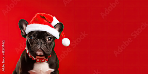 dog dressed in Santa Claus hat, on red background, copy space © Kien