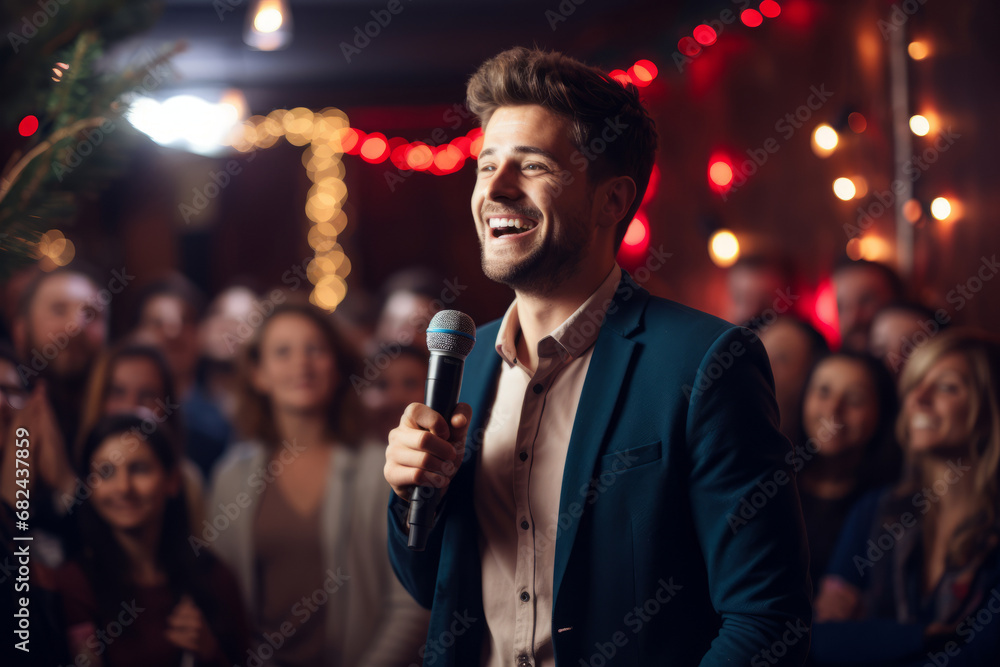 Handsome male stand-up comedian holding a microphone in front on cheerful audience. Man in a spotlight talking to a crowd. Handsome male stand-up comedian holding a microphone in front on cheerful audience. Man in a spotlight talking to a crowd.